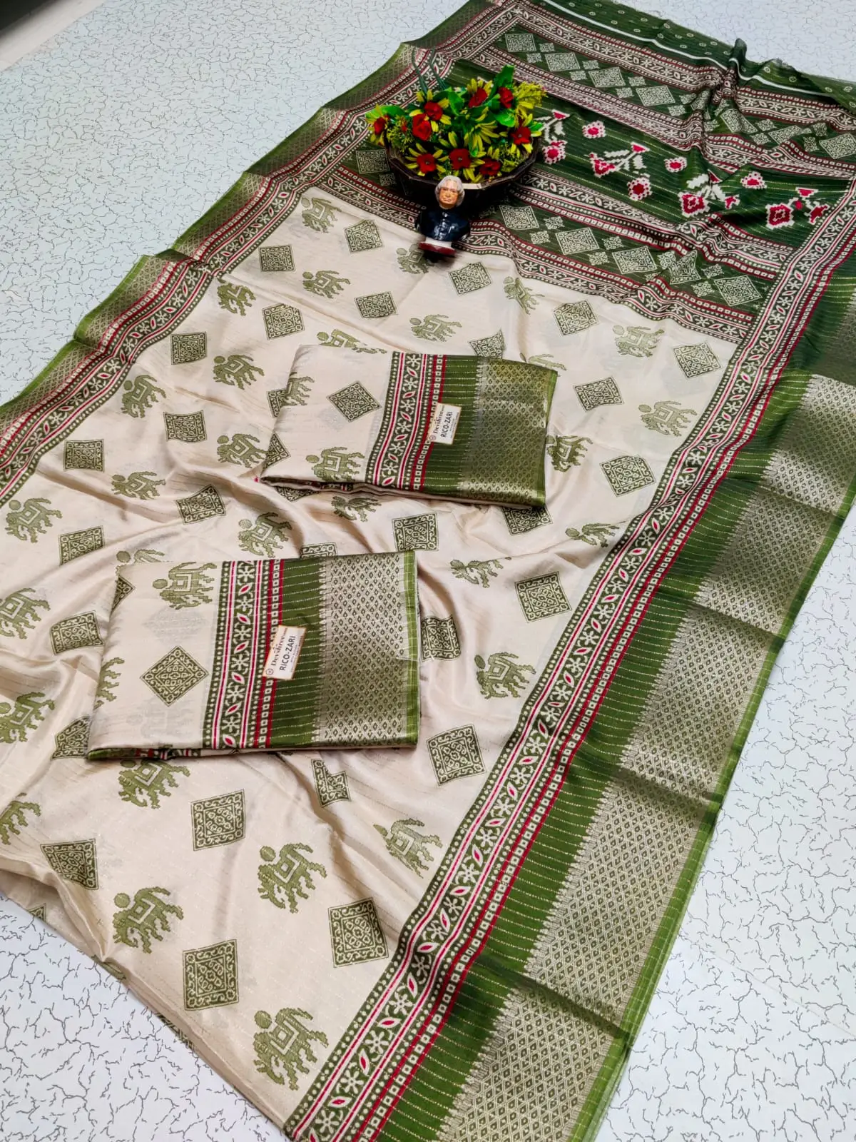 Elephant Block Print Zari Semi Silk Saree